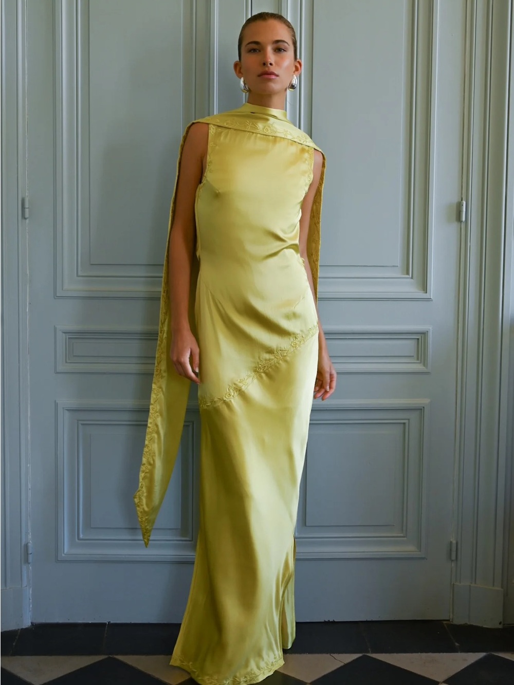 NWT Nina Silk Dress in Chartreuse Maxi Dress with Scarf Neck Yellow the Label